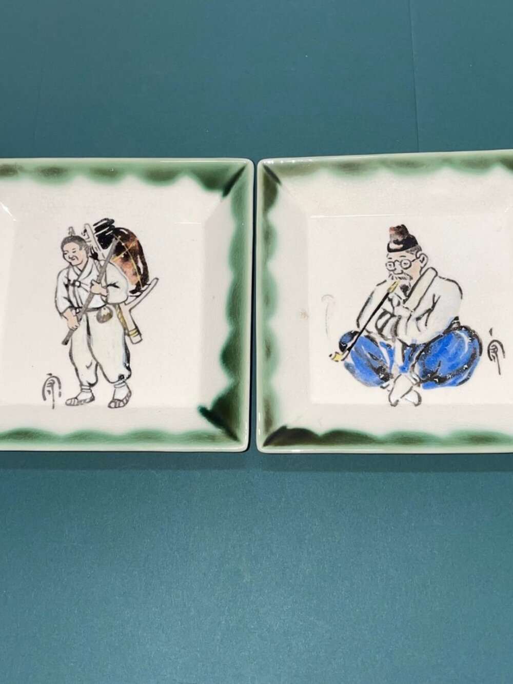 Vintage Aitosha Japan Porcelain Trinket Dishes Asian Figures Green Border Lot